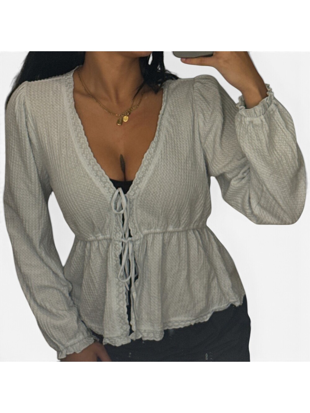 Francesca's Striped Tie Front Peplum Top Size Large